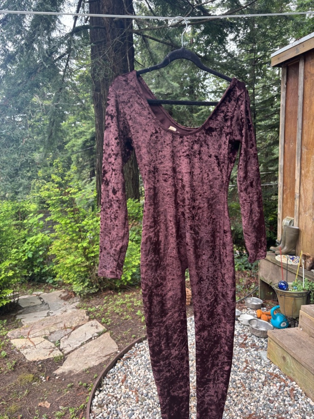 Velvet Long-Sleeve Jumpsuit in Deep Plum